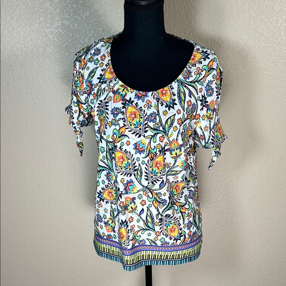 Sam And Jess Scoop Neck Floral Tie-Sleeve Top - White Multi Size LP